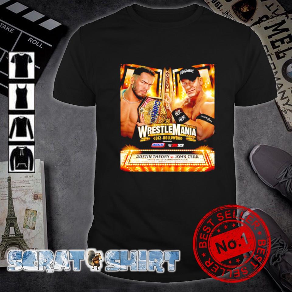Premium wWE WrestleMania goes Hollywood austin Theory vs John Cena for US championship match poster shirt